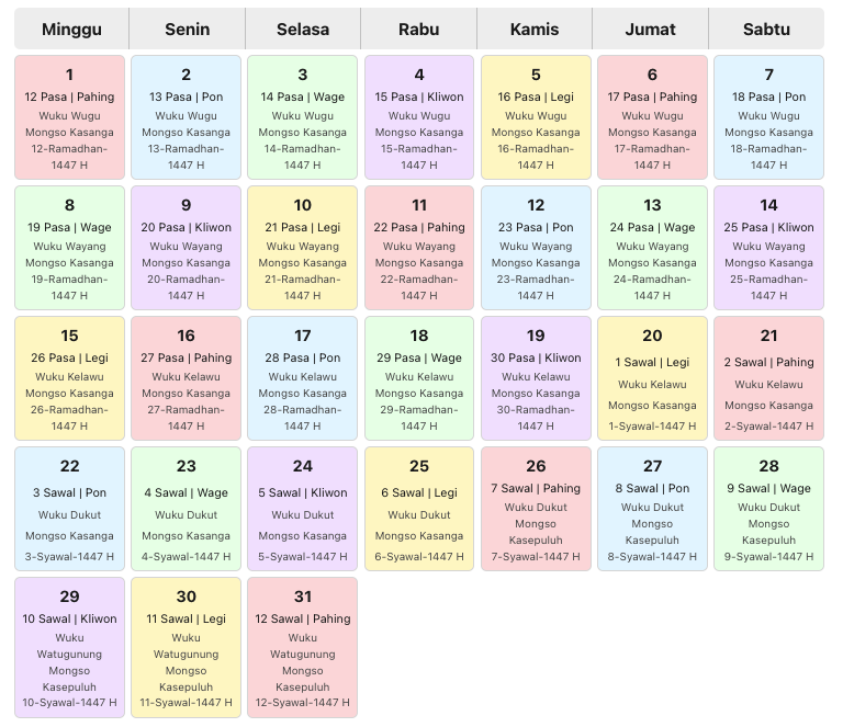 kalender jawa bulan maret 2026 -desainkalender.com